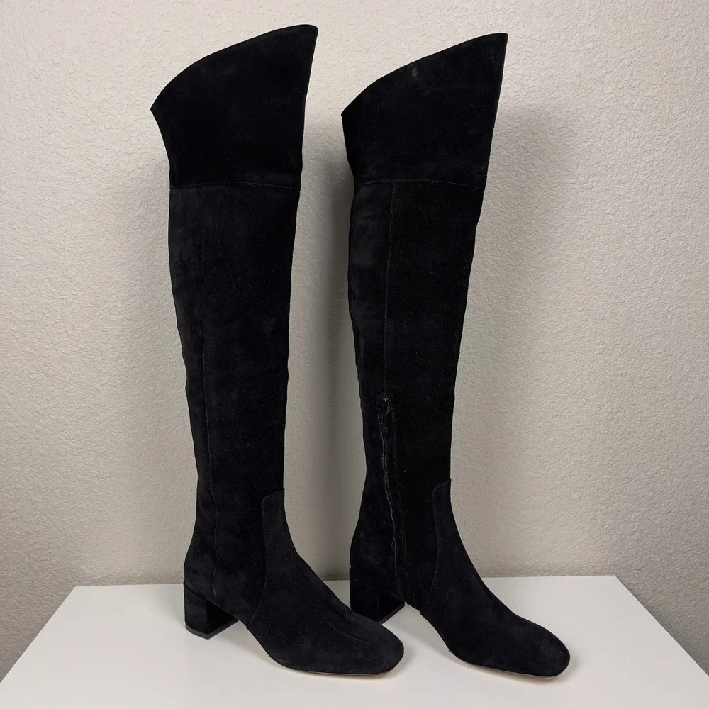 AEYDE Letizia Over the Knee‎ Boots Black Suede Square Toe Block Heel EU 37